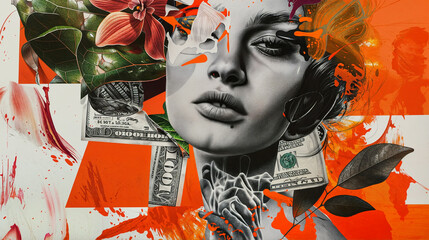 Abstract collage - profile view of overlapping face with plant motifs and money elements.