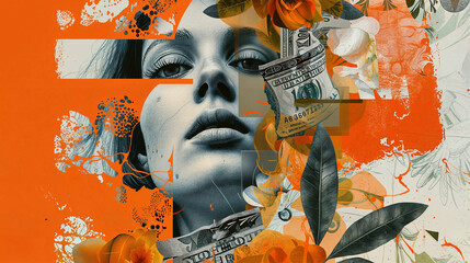 Abstract collage - profile view of overlapping face with plant motifs and money elements.