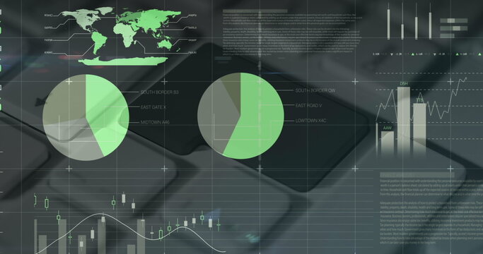 Image of data processing over computer keyboard on grey background