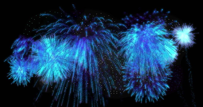 Image of moving shapes and fireworks over black background