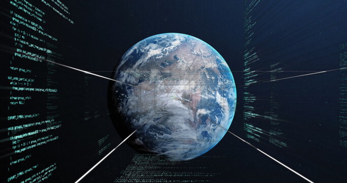 Image of data processing over globe on blue background