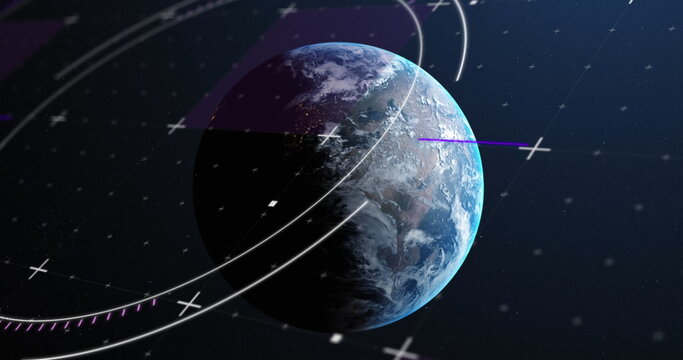 Image of scope scanning with white markers over globe on blue background