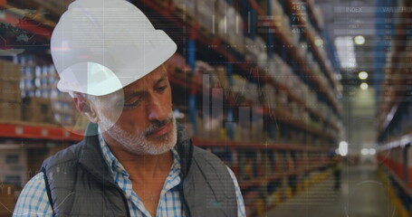 Image of data processing over man working in warehouse