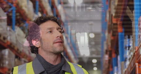 Image of data processing over man working in warehouse