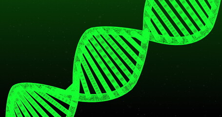 A green DNA double helix structure stands out on a dark background