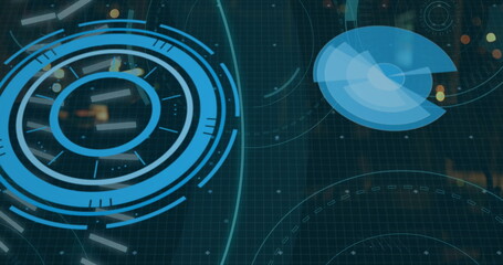 Image of 5g text, scopes scanning and data processing over servers