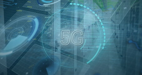 Image of 5g text, scopes scanning and data processing over servers