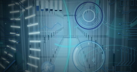 Image of 5g text, scopes scanning and data processing over servers