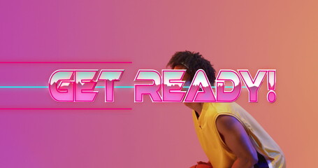 Image of get ready text over neon pattern and biracial basketball player