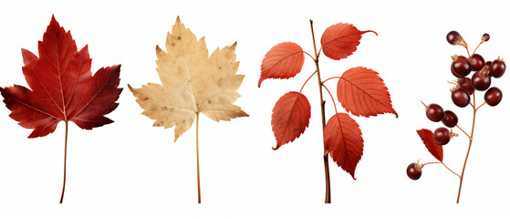 Png Set Isolated elements of dried viburnum leaves  - obrazy, fototapety, plakaty