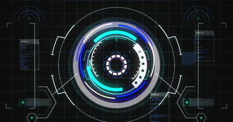 Obraz premium Digital interface with data processing against round scanner against black background