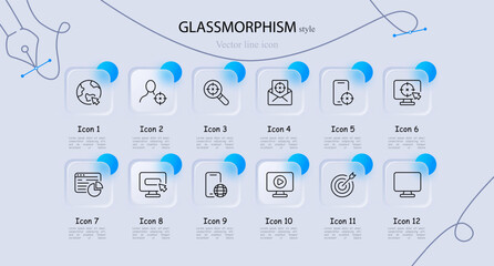 Advertising icon set. Sight, target audience, monitor, video hosting, mail, smartphone, website, schedule. Glassmorphism style. Vector line icon for business and advertising