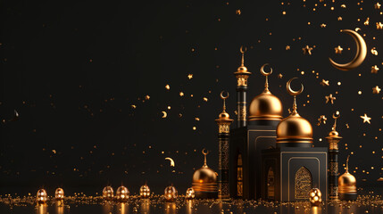 3D rendering Ramadan Moon and Golden flat color islamic mosque building design, black gift box background .