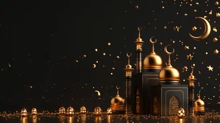 Fotobehang 3D rendering Ramadan Moon and Golden flat color islamic mosque building design, black gift box background . © Aqsa