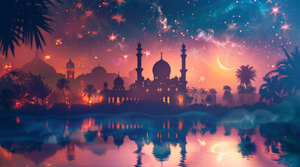 Illustration of Eid Mubarak background with mosque at night .  - obrazy, fototapety, plakaty