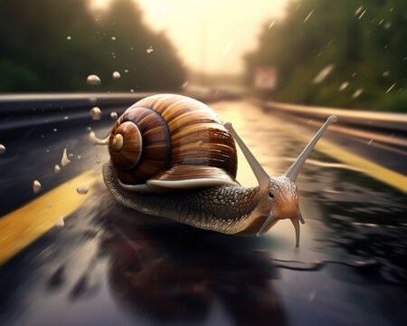 A snail with a turbocharger on its shell racing down a highway at high speed The snail is leaving a trail of slime behind it and is surrounded by a blur of motion