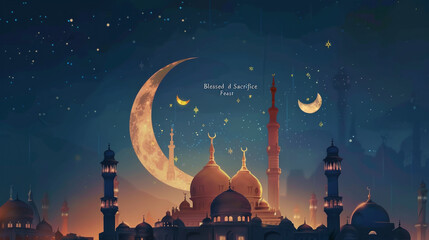 Illustration of Eid Mubarak background with mosque with big moon . 
