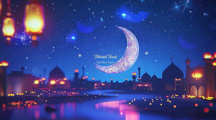 beautiful Chand rat background with moon and night city scape 