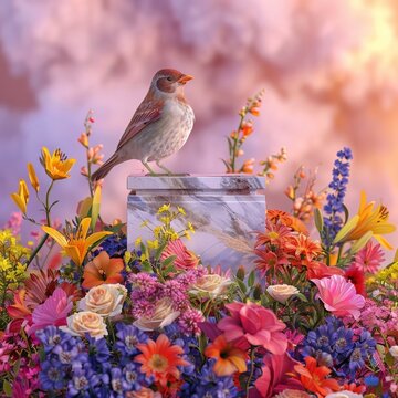 Bird sing podium surrounded by colorful flowers blender