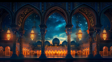 Illustration of Eid Mubarak background with mosque . 