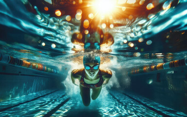 Woman Swimming Freestyle. Under water shoot of a woman swimming freestyle in olympic pool - 757783934