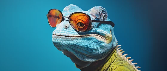 Gordijnen Portrait of smilling chameleon with sunglasses on blue © levit
