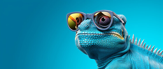Portrait of smilling chameleon with sunglasses on blue