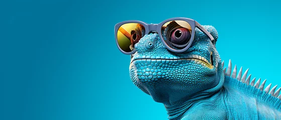 Selbstklebende Fototapeten Portrait of smilling chameleon with sunglasses on blue © levit