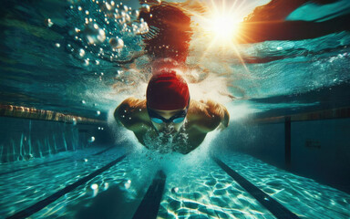 Woman Swimming Freestyle. Under water shoot of a woman swimming freestyle in olympic pool - obrazy, fototapety, plakaty