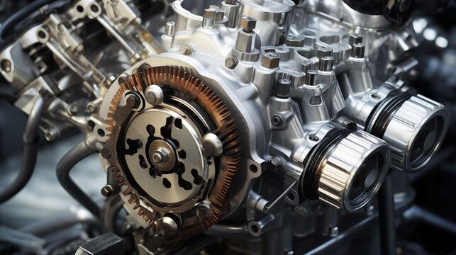 Backdrop illustrating a four-stroke engine in operation, showcasing the stages of combustion and mechanical motion within the engine.
