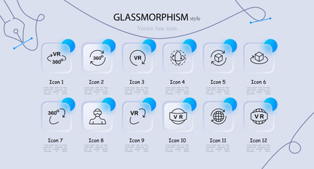 Virtual reality icon set. VR helmet, 360 degrees, glasses, gaming, technology, progress. Glassmorphism style. Vector line icon for business and advertising