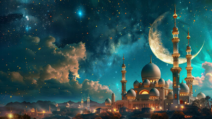 old mosque with full moon for Eid gathering with cloudy sky   - obrazy, fototapety, plakaty