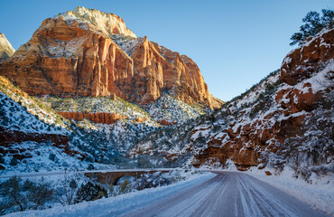 Icy Snow Covered Road at Zion National Park in Utah