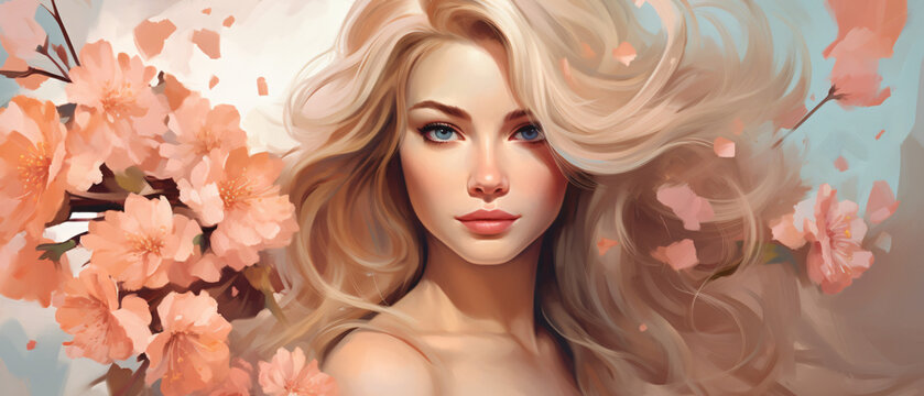 Pretty Caucasian blonde woman with Peach flowers. 