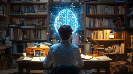Back view of businessman sitting at desk in home office and brain drawing hologram.
