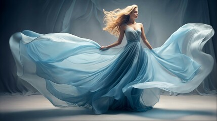 Ethereal lady in a blue dress with dynamic pose