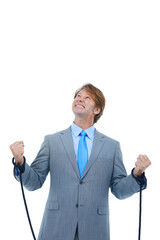 Businessman, studio and frustrated with rope on hands for bondage or hostage with struggle or...