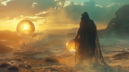 A lone wanderer in a desert, holding a water-filled orb, with intricate lighting and texture emphasizing the contrast between life and desolation