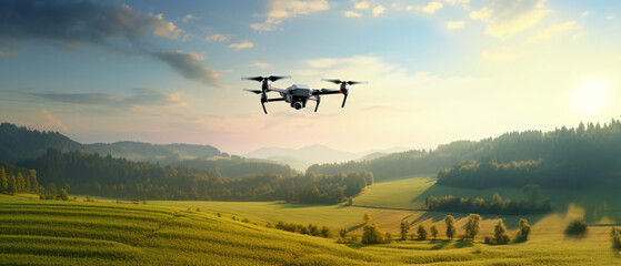 Quadcopter drone flying over field in nature panorama.