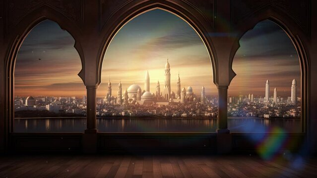 the sky seen from inside the mosque at night. Loop animation. music background