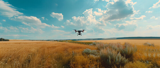 Quadcopter drone flying over field in nature panorama