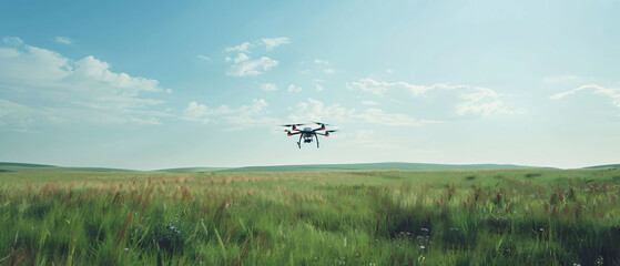Quadcopter drone flying over field in nature panorama