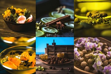 Wellness practices for immune support: aromatherapy, ayurveda, herbal baths, relaxation techniques - obrazy, fototapety, plakaty