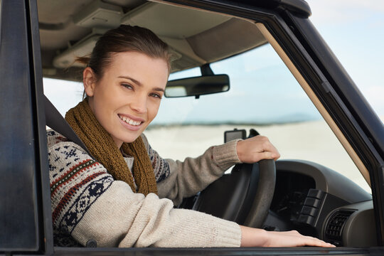 Portrait, woman or car window on adventure as exploration, travel or sightseeing in South Africa. Confident, female person or driver in motor transport for road trip as leisure, recreation or tourism