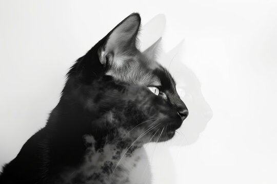 black cat portrait, trendy blur style, black and white photography