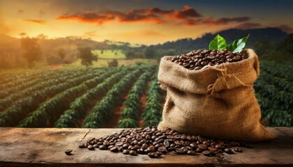 From Farm to Cup: Coffee Beans in Jute Sack with Blurry Crop Background