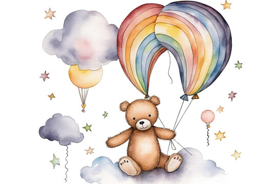 isolated watercolor hand bear drawn white illustration; rainbow; Teddy background flies