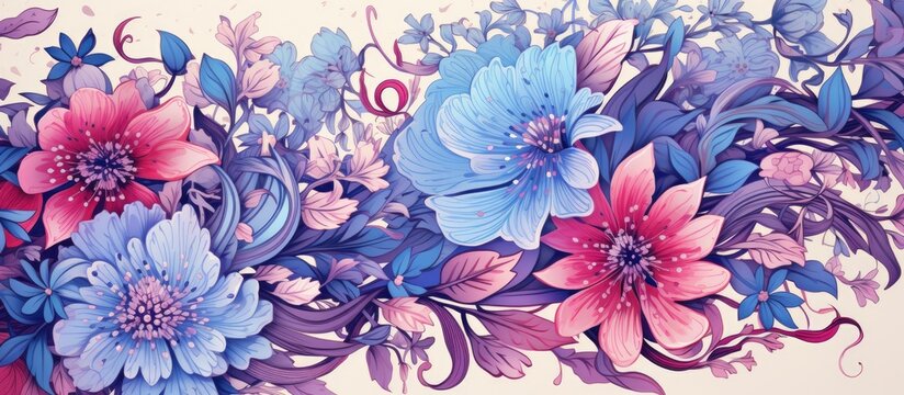 A beautiful display of colorful flowers, including purple petals, on a white background. This creative arts piece showcases the beauty of flowering plants in a painting