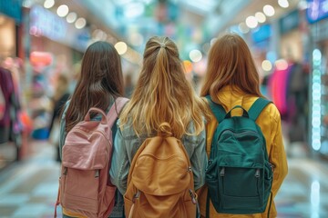 Fototapeta premium Three Girls With Backpacks Walking Down a Shopping Mall