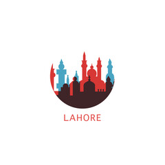 Lahore cityscape skyline city panorama vector flat modern logo icon. Pakistan, Punjab emblem idea with landmarks and building silhouettes